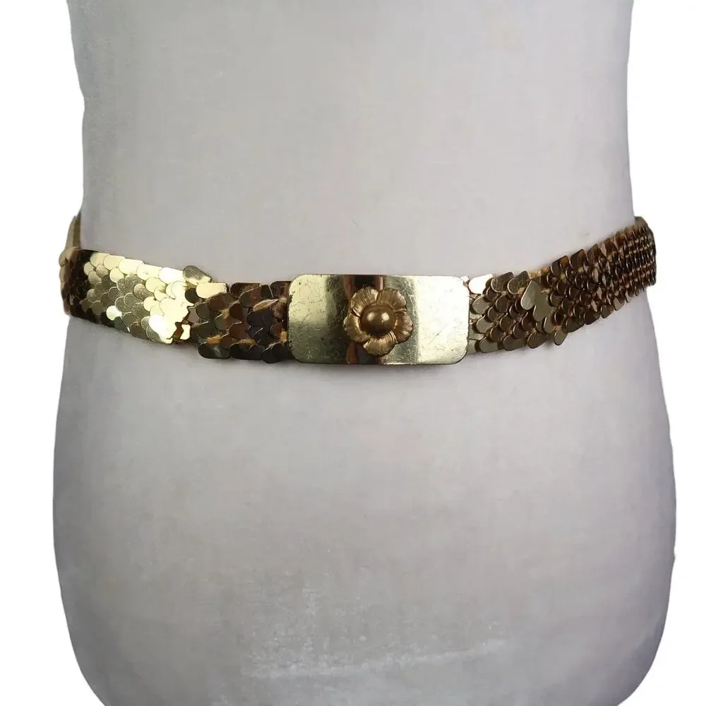 Vintage 80s Gold Metal Fish Scale Stretchy Waist Belt